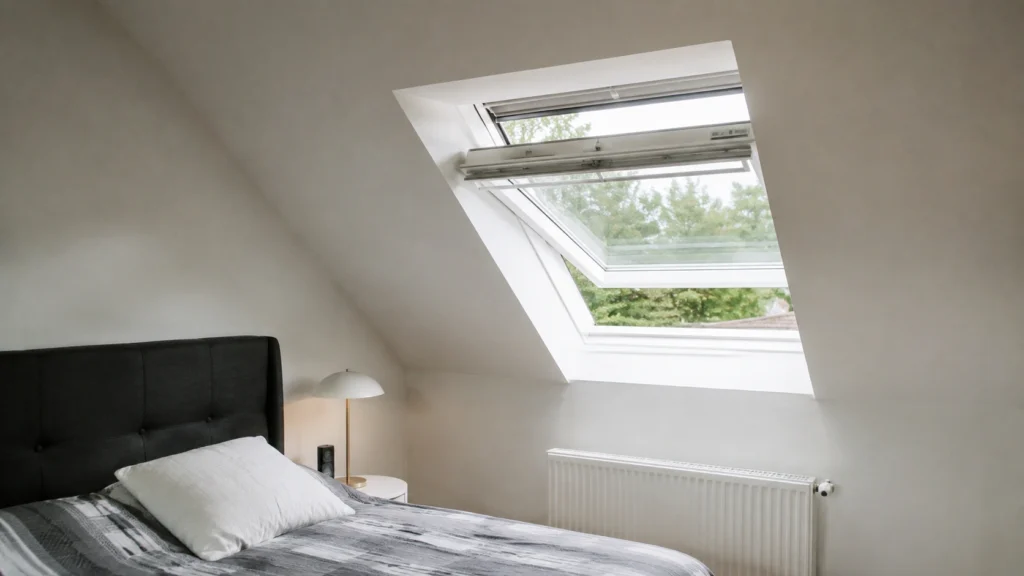 Ekstremt realistisk iPhone-lignende foto af et Velux tagvindue i en lys dansk tagetage med skråvægge, seng og naturligt dagslys.
